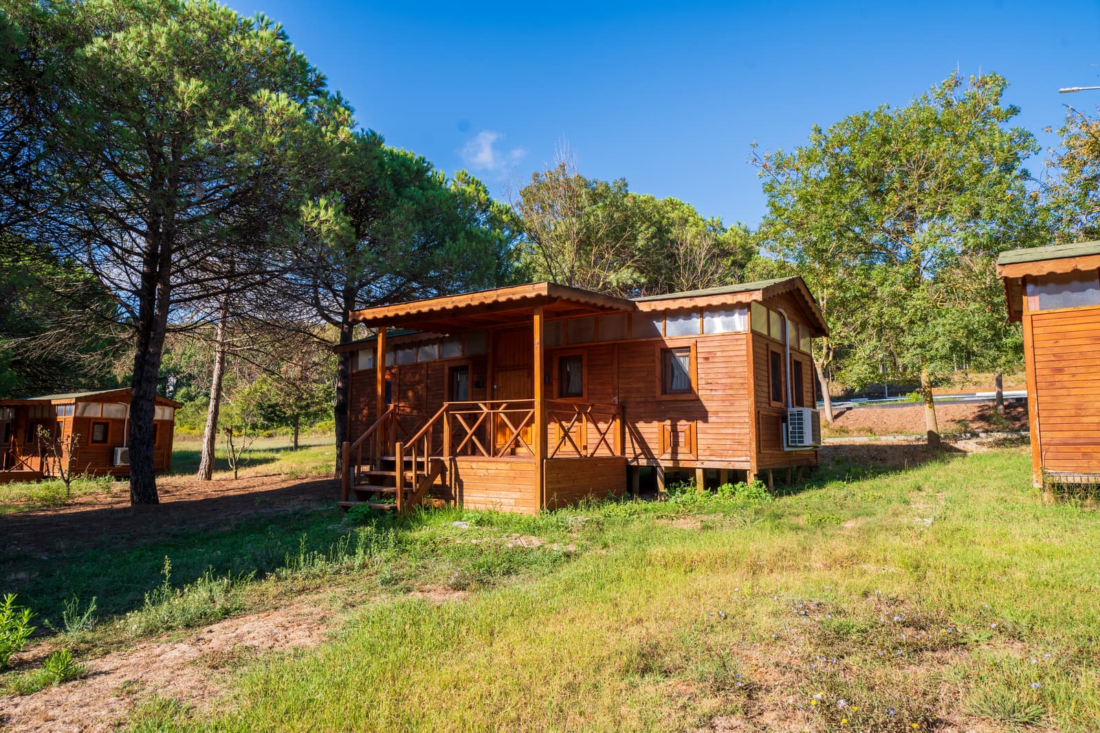 Çam ağaçlarının arasında, çimenlik alanda verandalı ahşap bungalov, Kilyos Sarıyer